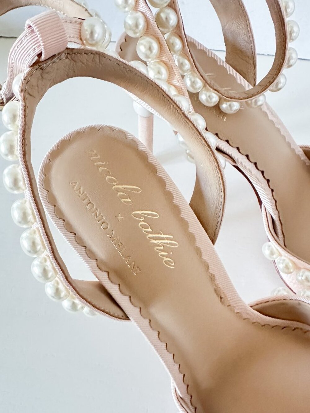 NWOB Antonio Melani x Nicola Bathie Bebe Nude Ankle Strap Pearl Pumps Size 8.5 - Picture 2 of 5